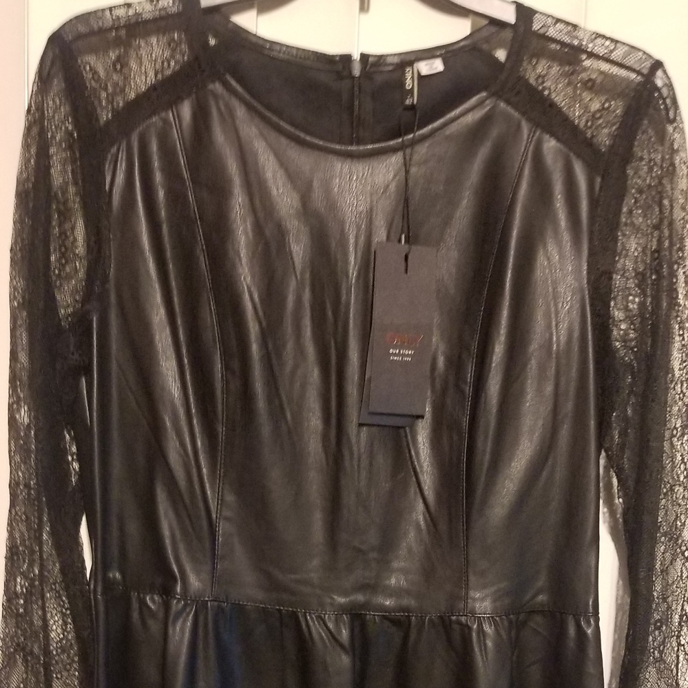 Only Faux Leather Lace Flare Dress Size 12 Eur 42